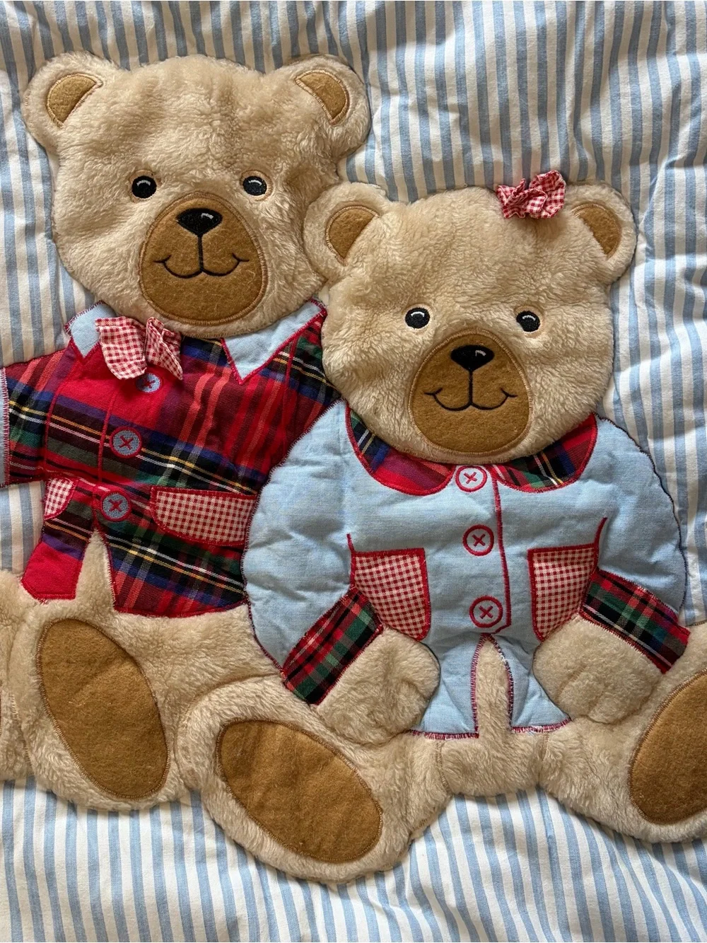Vintage NoJo USA Teddy Bear Baby Blanket Quilt Playmat Ruffle Blue Striped 90s